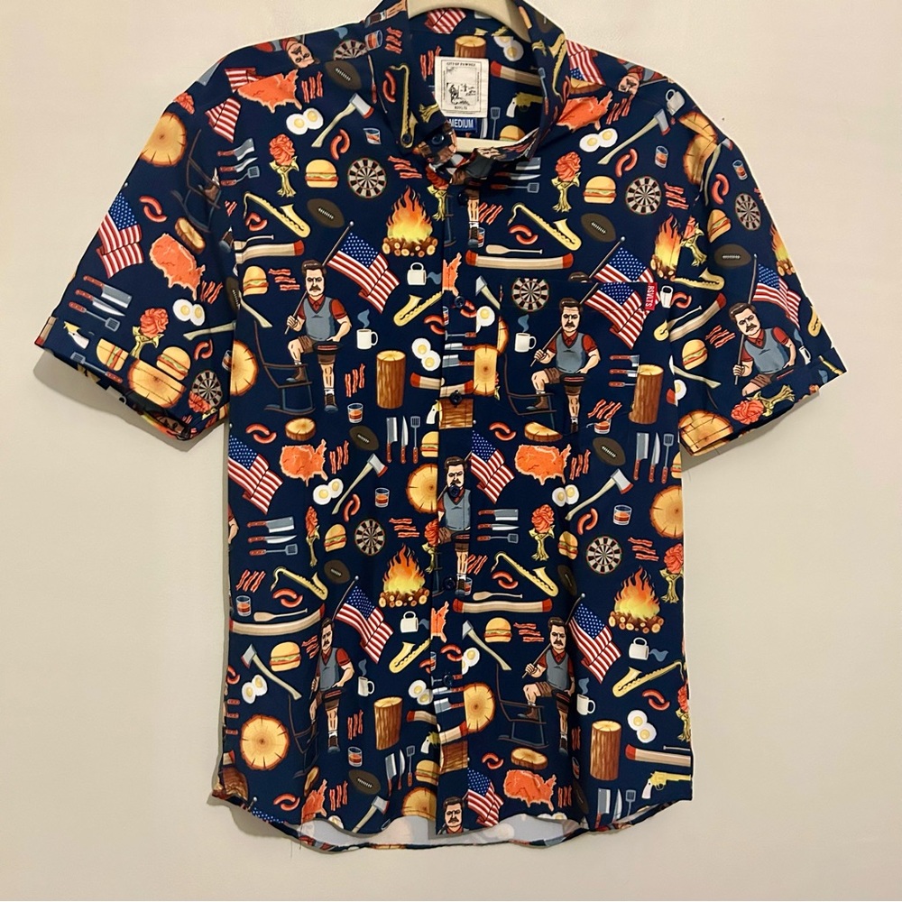 RSVLTS The Roosevelts City of Pawnee Parks & Rec Ron Button Up Shirt M Medium